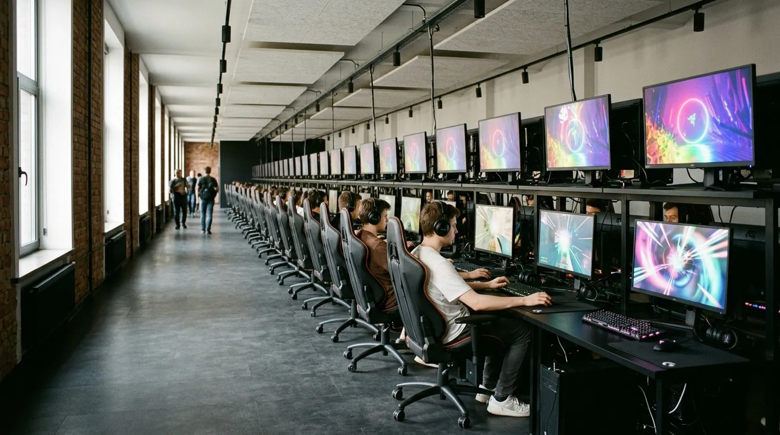 A long corridor of gaming stations lined up along one wall at SYNCNEST PC CLUB