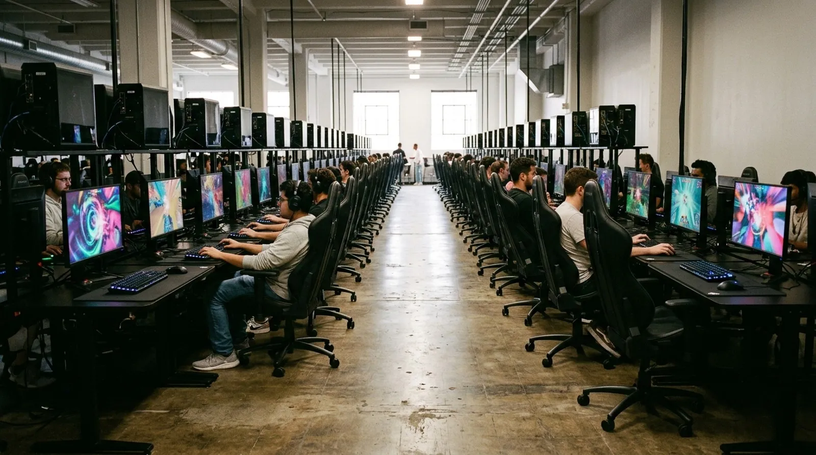 Wide view down the full row of gaming stations at SYNCNEST PC CLUB, the line receding to the far wall