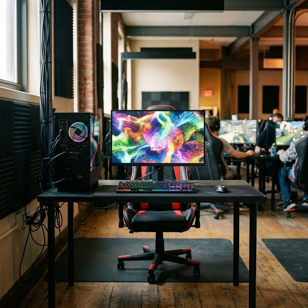 A gaming station near the entrance at SYNCNEST PC CLUB, monitor and chair ready