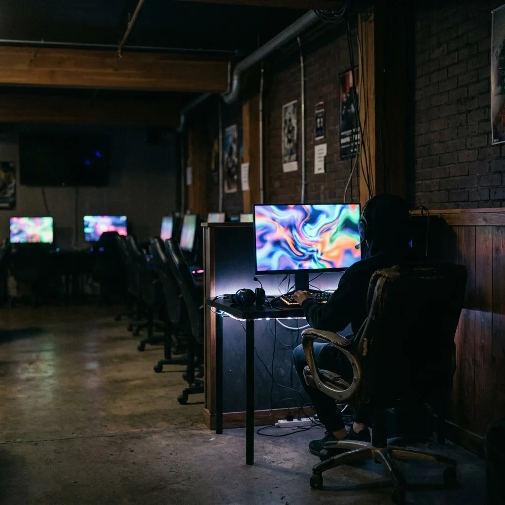 A quiet far gaming station against the back wall at SYNCNEST PC CLUB
